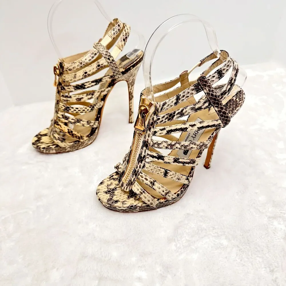 Jimmy Choo Women's Snakeskin Heels Strappy Sandals Front Gold Zip Python SZ 37 - Picture 2 of 14